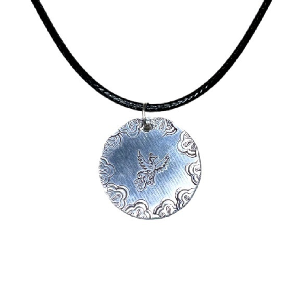 Handmade stamped Pheonix silver aluminum pendant Black leather cordโ necklace